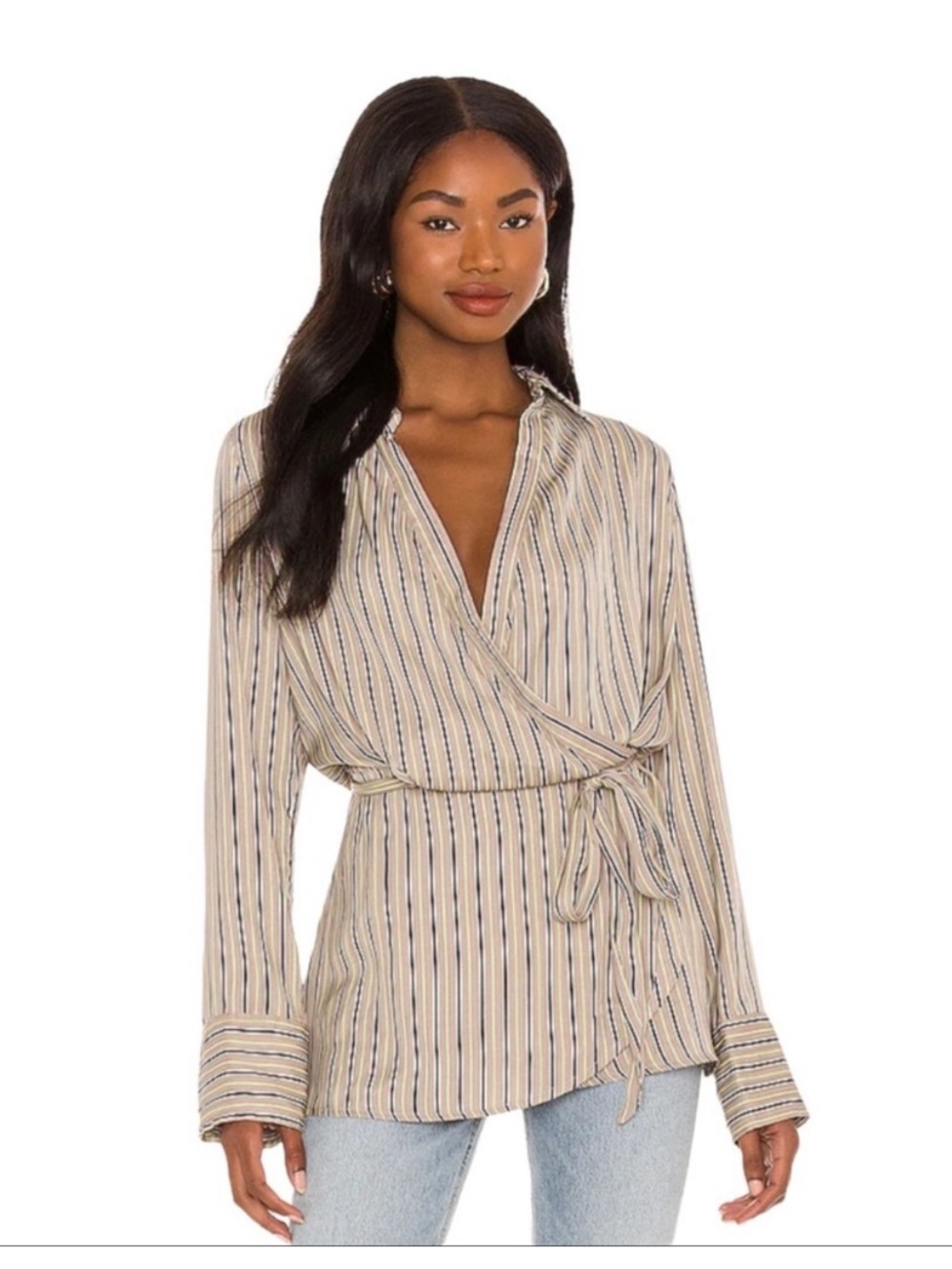 Free People Arlo Wrap Plunge Neckline Striped Long Sleeve Top Blouse Small